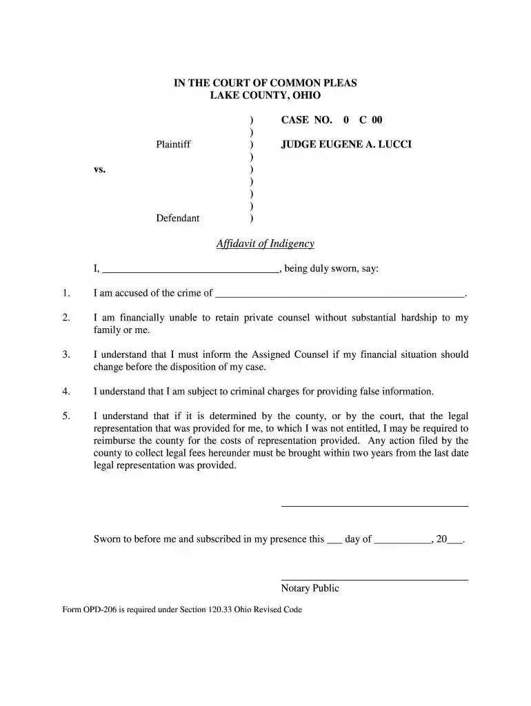 affidavit of indigency ohio Preview on Page 1