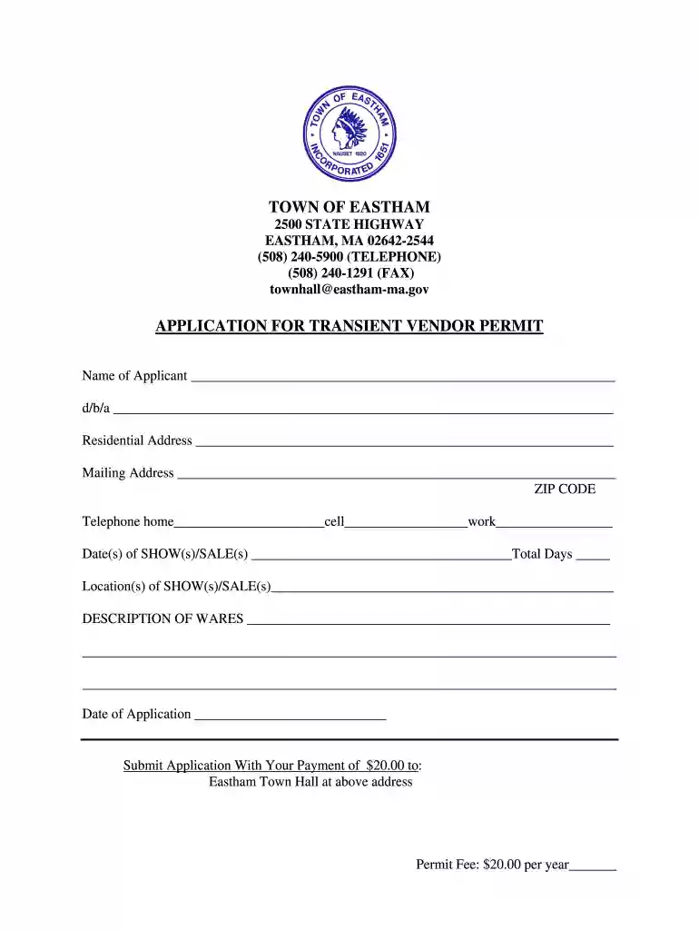 Application for Transient Vendor Permit - Eastham, MA - eastham-ma Preview on Page 1