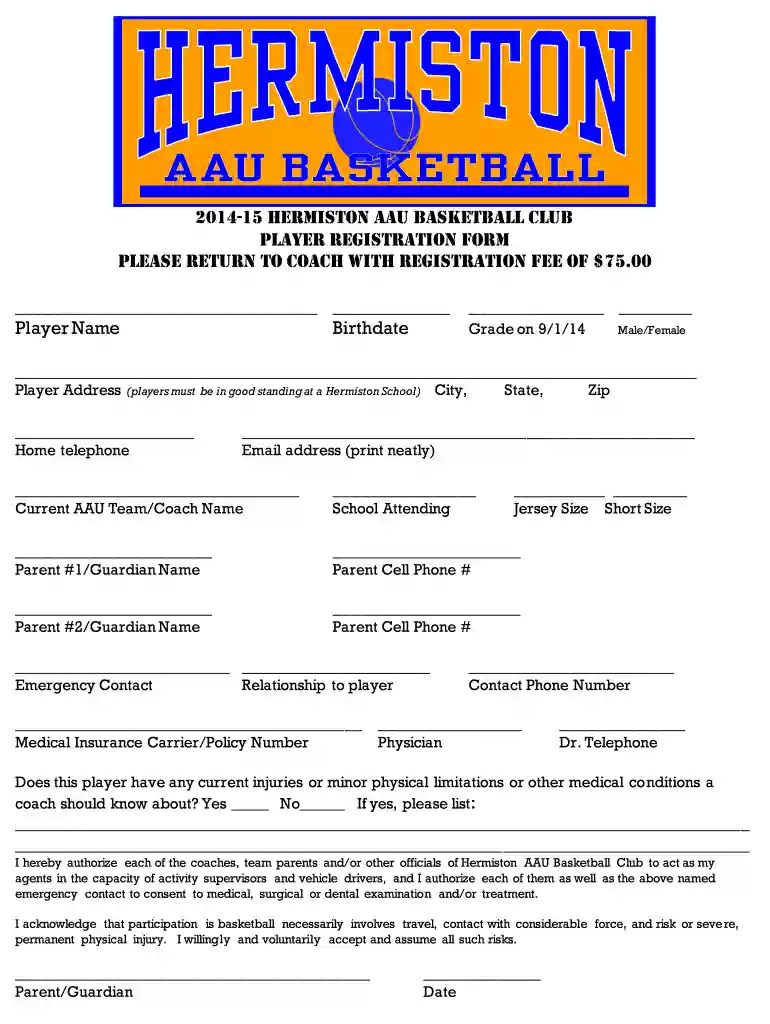 basketball camp registration form template word Preview on Page 1