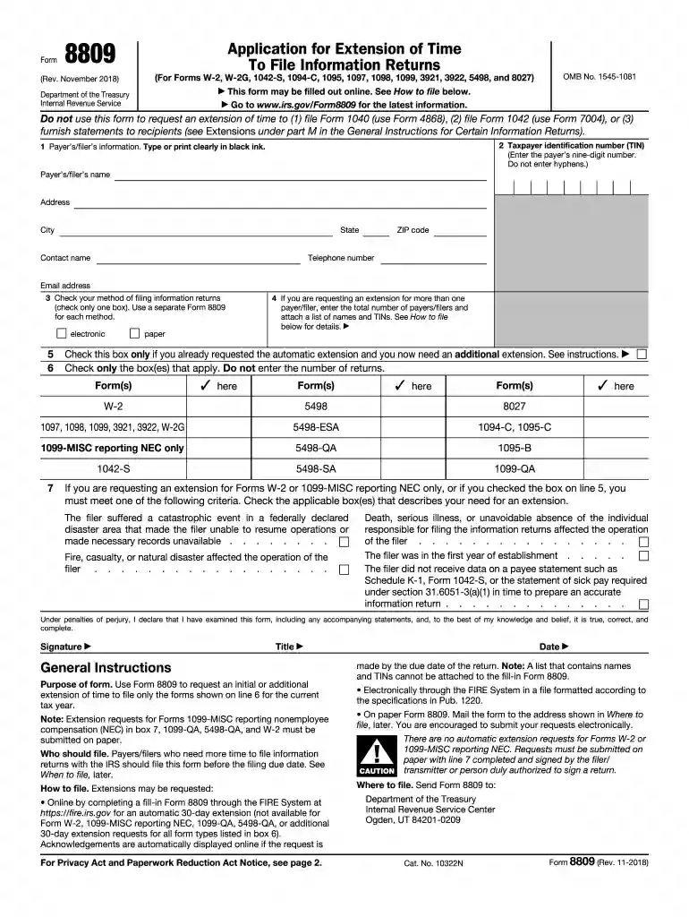 form 8809 Preview on Page 1