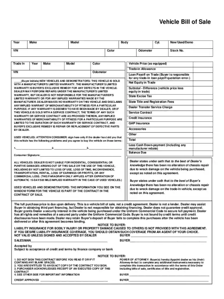 Vehicle Bill of Sale Preview on Page 1