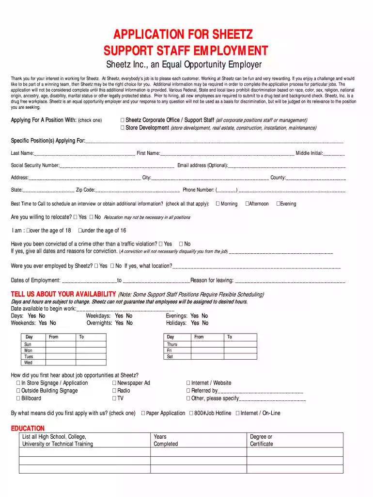 sheetz job application pdf Preview on Page 1