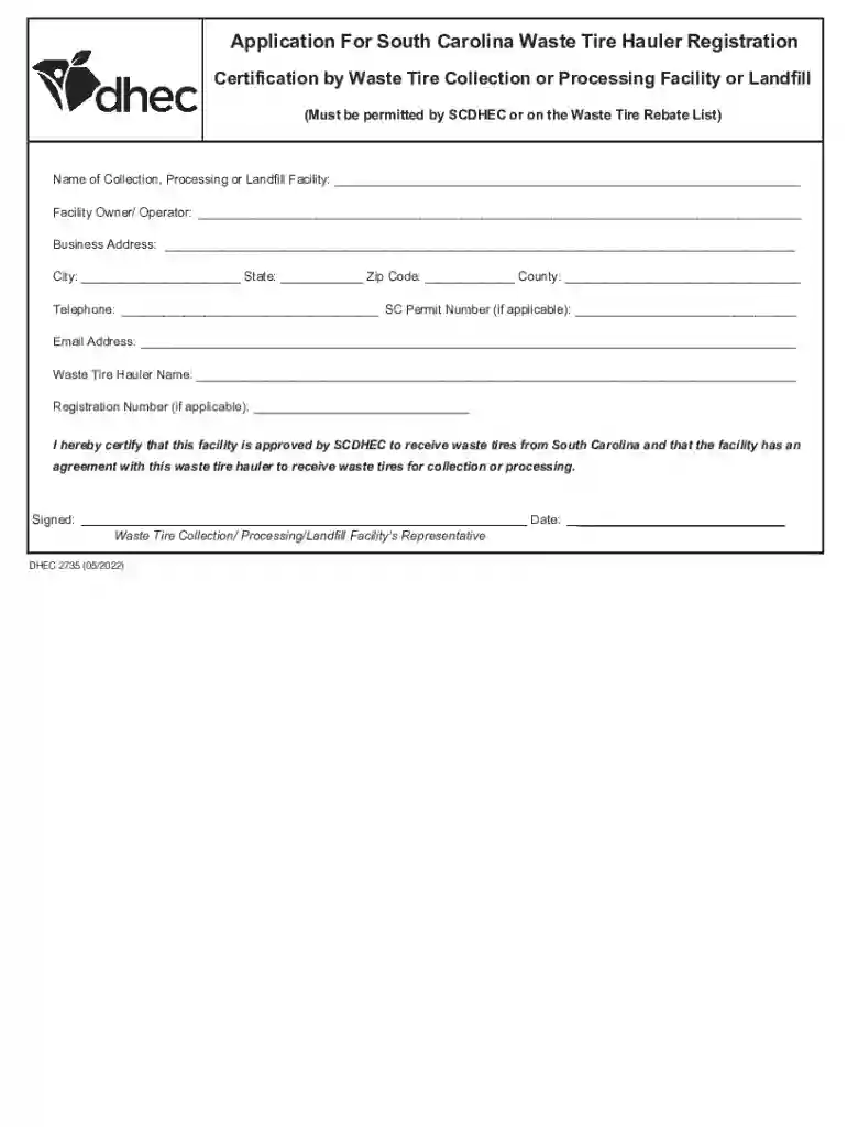 South Carolina Waste Tire Hauler Registration Form Preview on Page 1