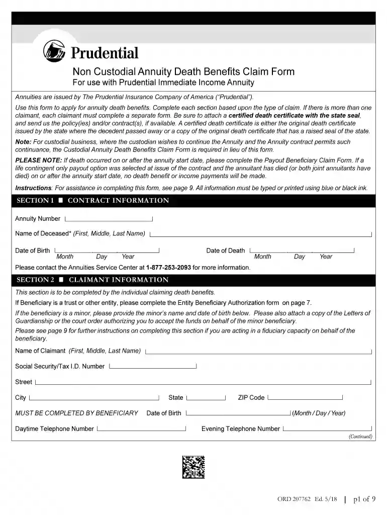 Non Custodial Annuity Death Benefits Claim Form Preview on Page 1