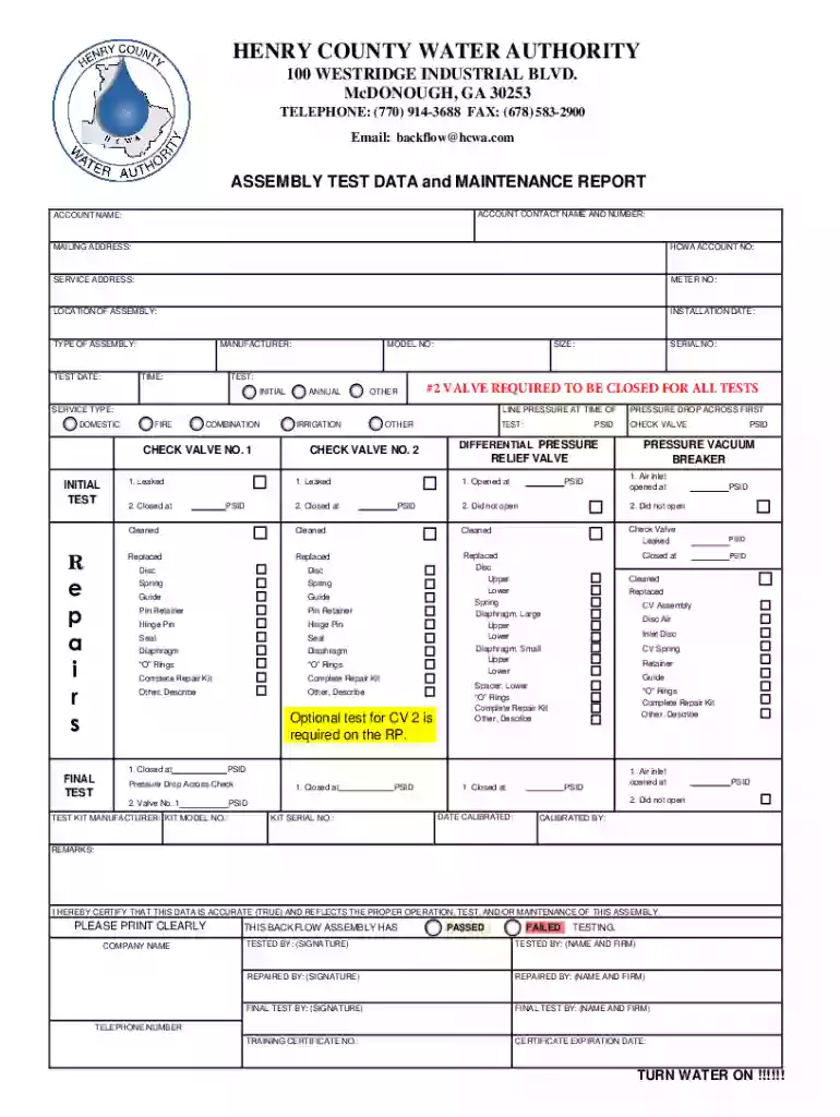 Henry County Water Authority Backflow Test Report Preview on Page 1