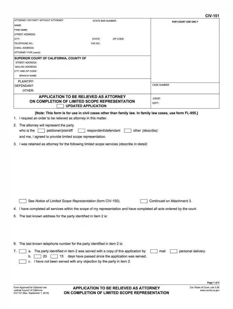 CIV-151 Application to be Relieved as Attorney on Completion of Limited Scope Representation. Judicial Council forms Preview on Page 1