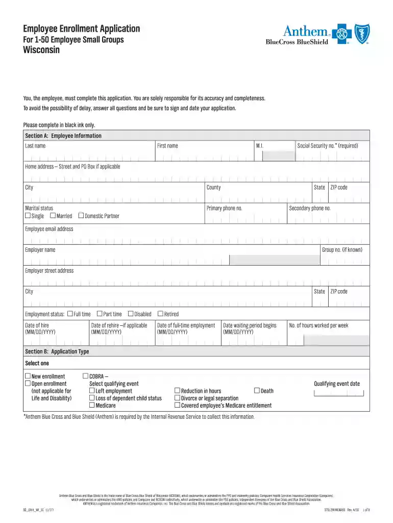 2017 WI Anthem Employee Enrollment Application For 1-50 Employee Small Groups Preview on Page 1