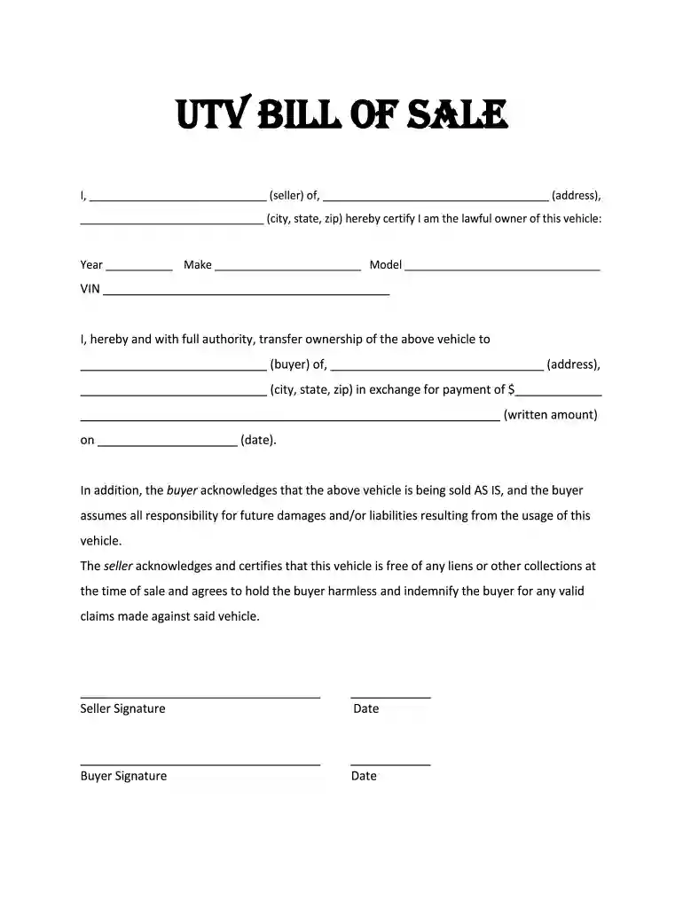 utv bill of sale template Preview on Page 1