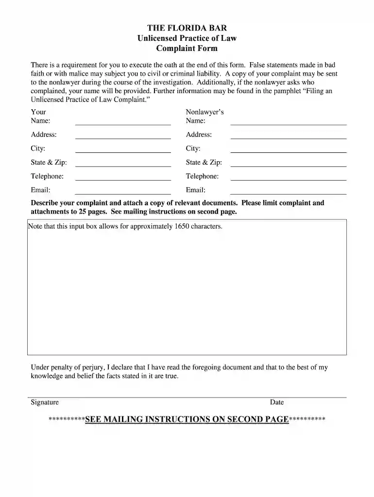 florida bar complaint form Preview on Page 1