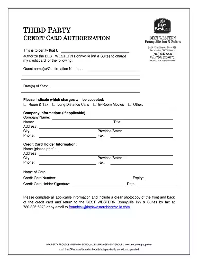 best western credit card authorization form Preview on Page 1
