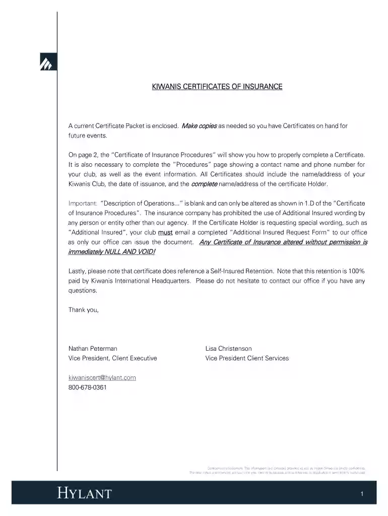 kiwanis international insurance certificate Preview on Page 1