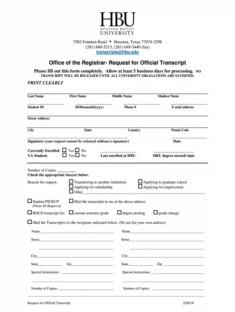 houston baptist university transcript request Preview on Page 1