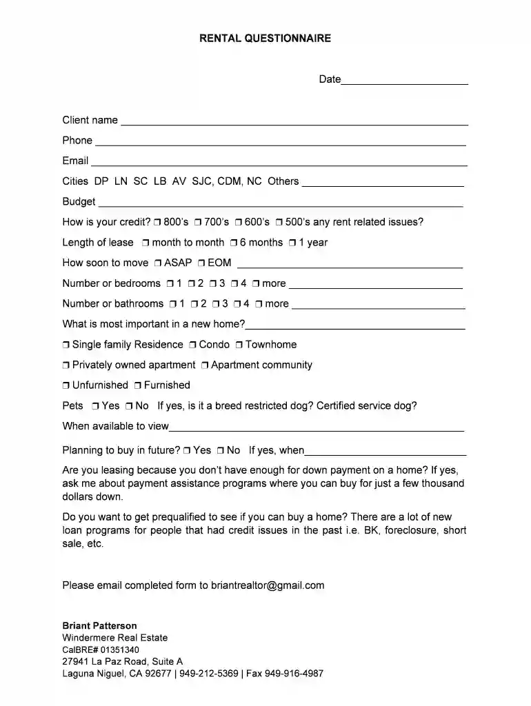 Rental Questionaire docx Preview on Page 1