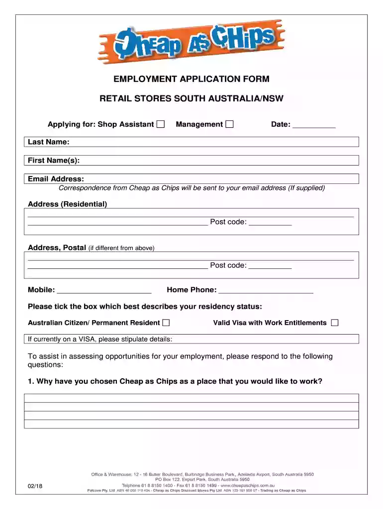 EMPLOYMENT APPLICATION FORM - cheapaschips.com Preview on Page 1