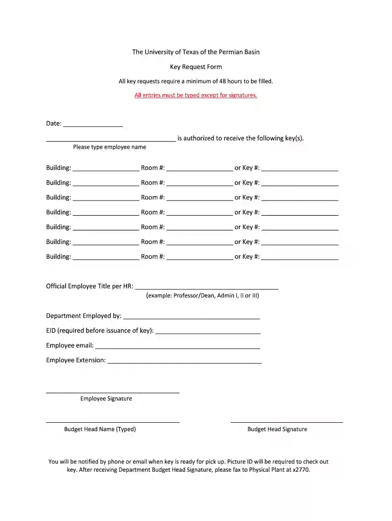 UTPB - Key Request Form Preview on Page 1