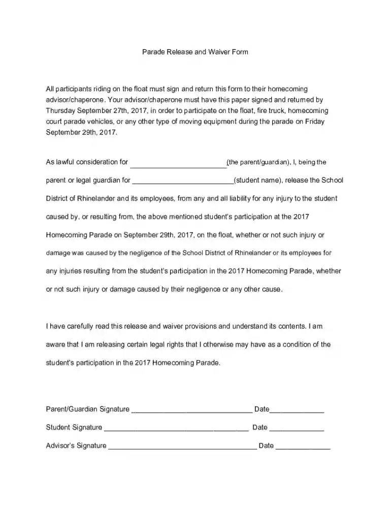 Parade Release and Waiver Form Preview on Page 1