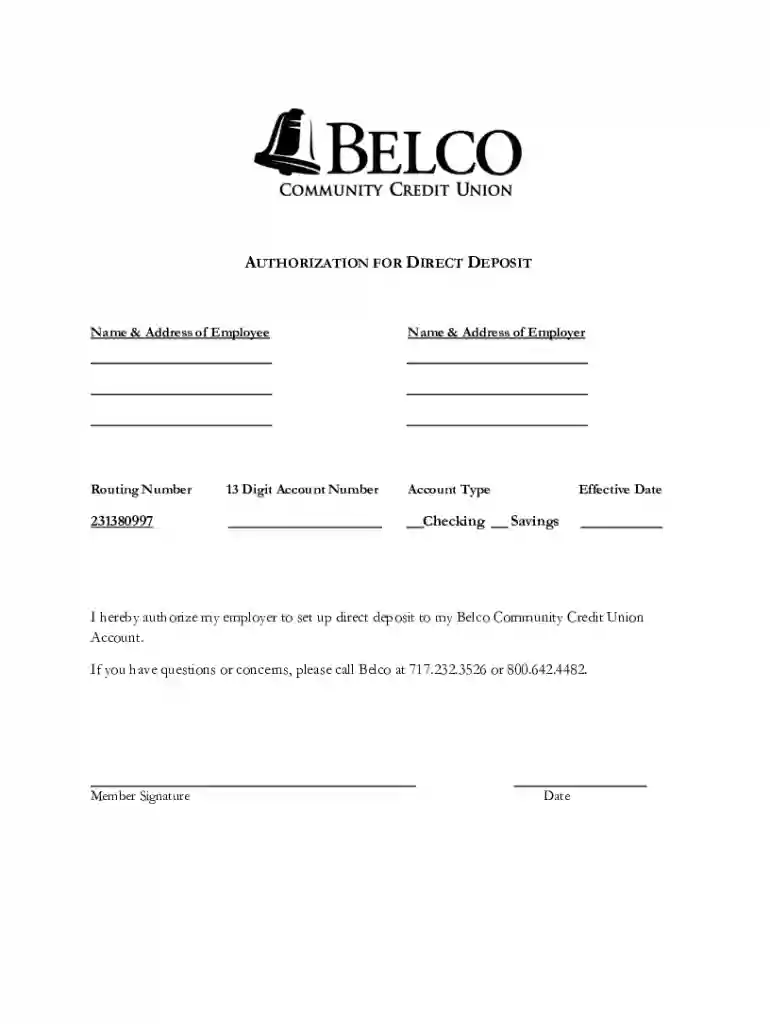 belco direct deposit form Preview on Page 1