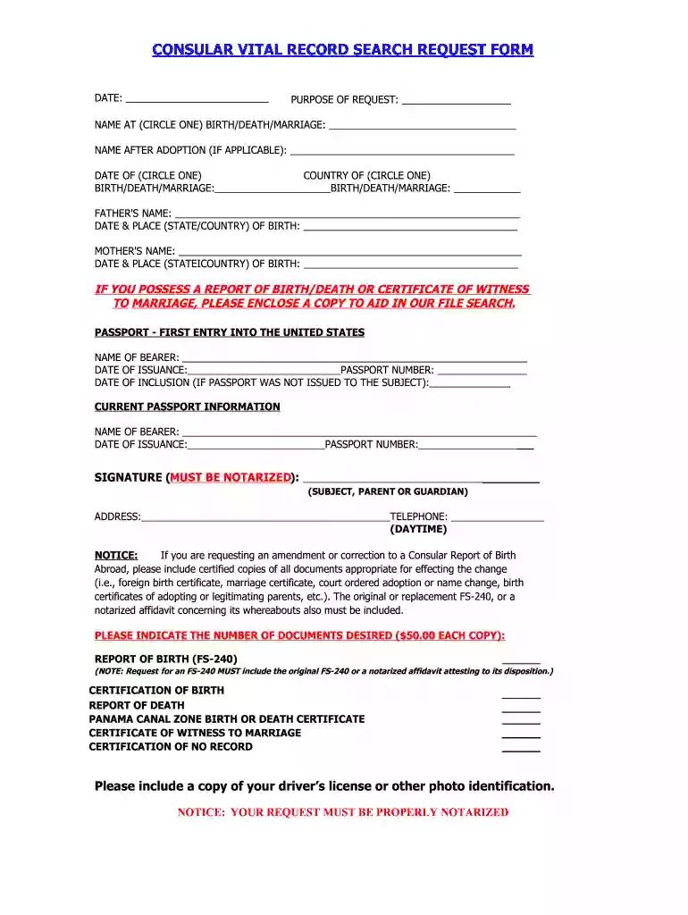 consular vital record search request Preview on Page 1