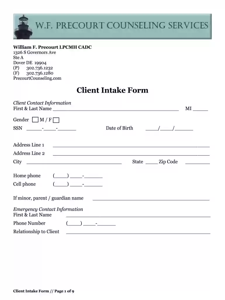 Client Intake Form - Precourt Counseling Services Preview on Page 1