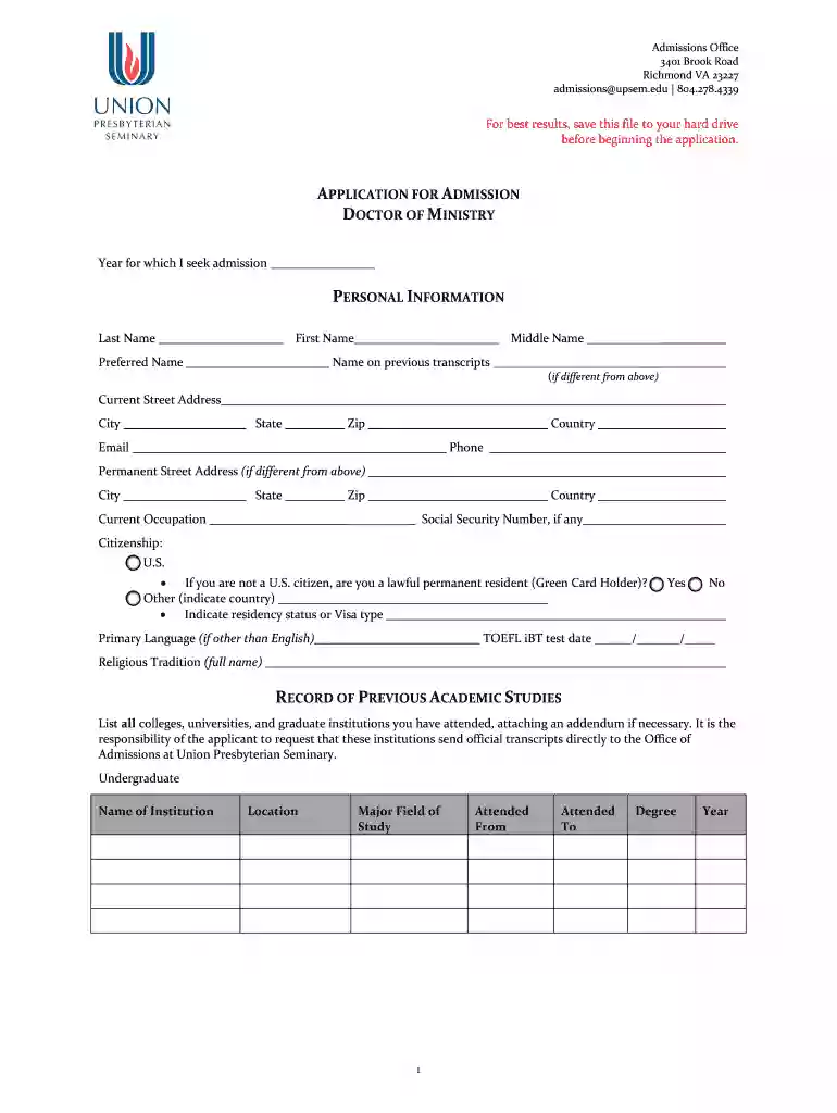 application for admission doctor of ministry personal information Preview on Page 1