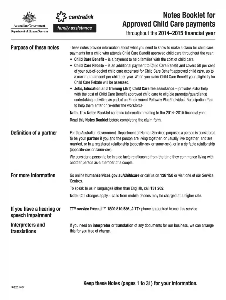 Claim for Approved Child Care payments throughout the 20142015 financial year Preview on Page 1