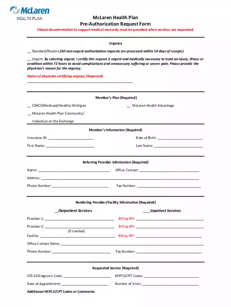 McLaren Health Plan Pre-Authorization Request Form Preview on Page 1