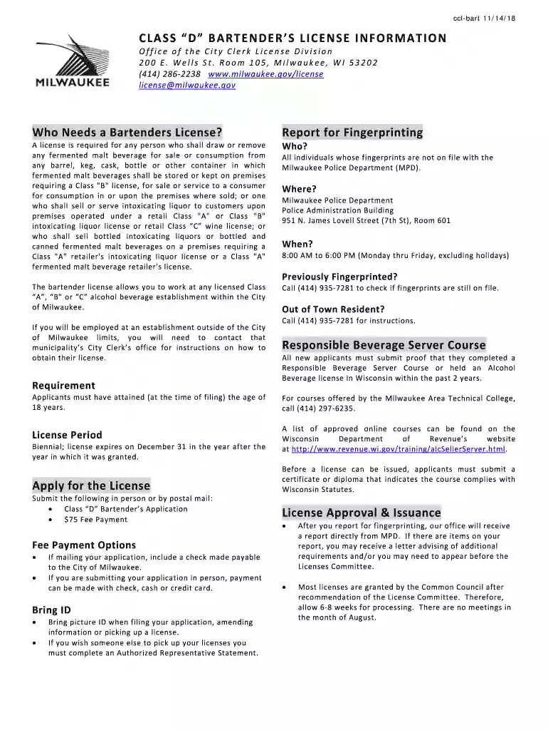 Who Needs a Bartenders License? Apply for the - Milwaukee Preview on Page 1
