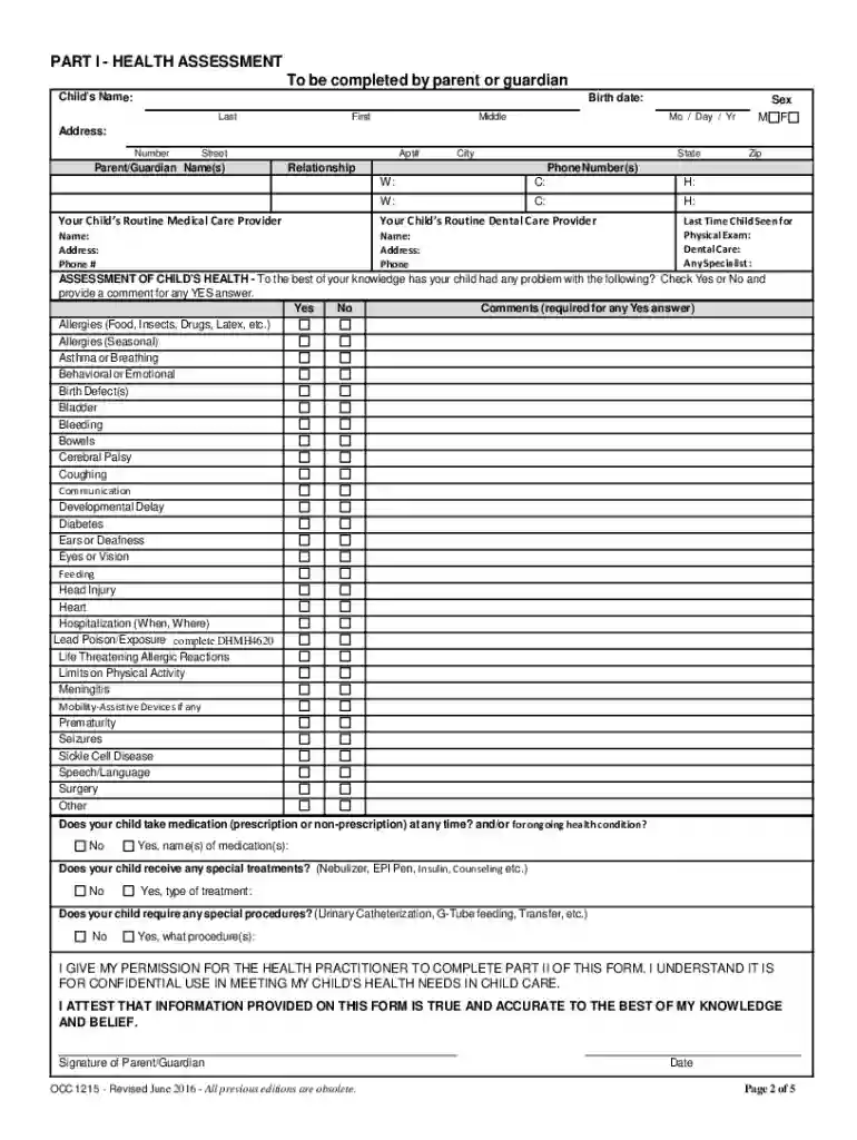 health inventory form Preview on Page 1