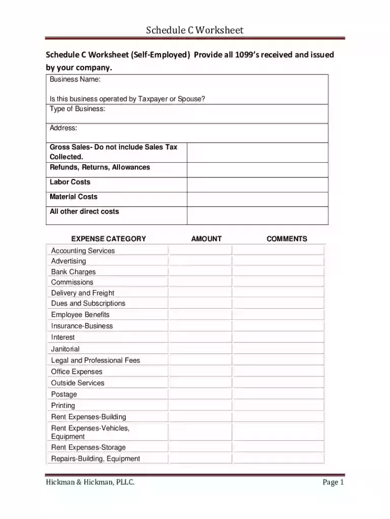 Schedule C Worksheet Preview on Page 1