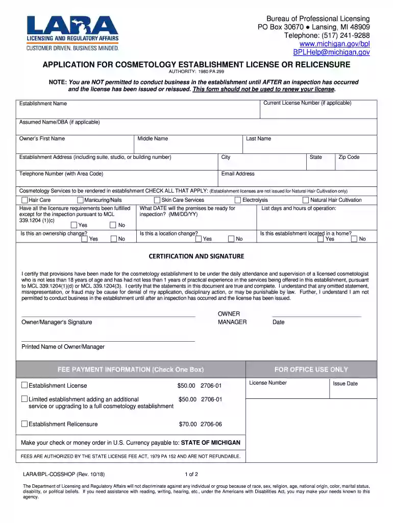michigan cosmetology establishment license Preview on Page 1