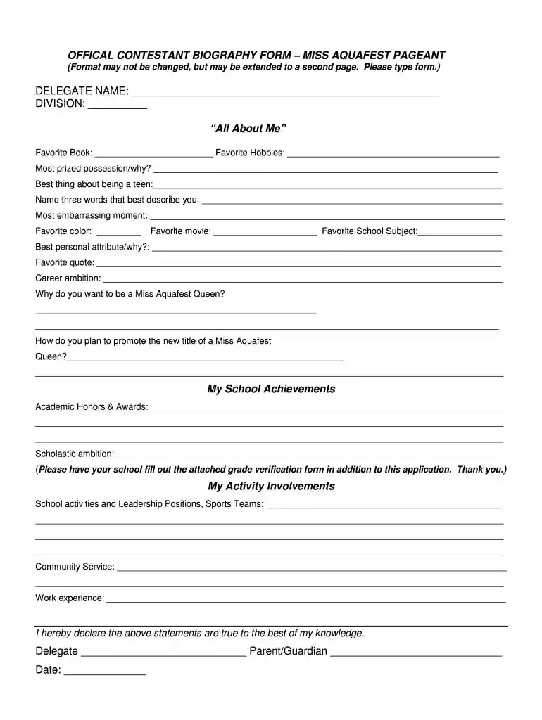 beauty pageant application form pdf Preview on Page 1