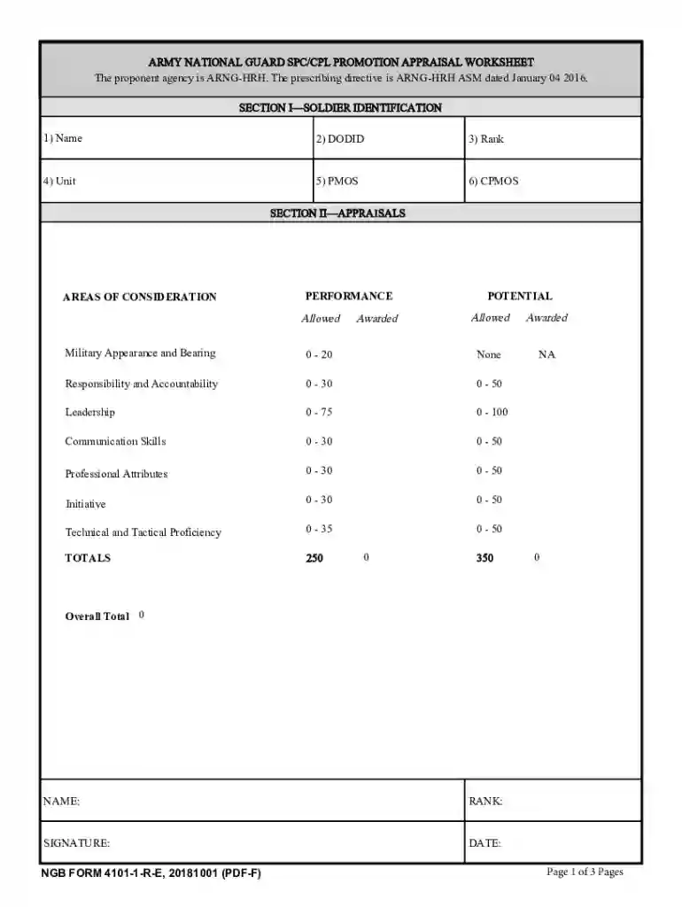 ARMY NATIONAL GUARD SPC/CPL PROMOTION APPRAISAL Preview on Page 1