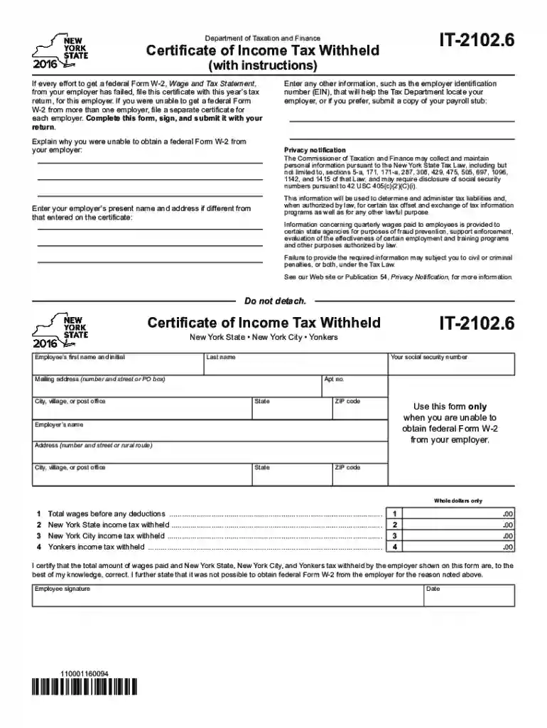 Form IT-2102 6:2016:Certificate of Income Tax Withheld - Preview on Page 1