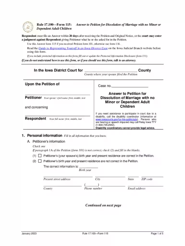 FL-115 Answer to Petition for Dissolution of Marriage with no Minor or Dependent Adult Children Preview on Page 1