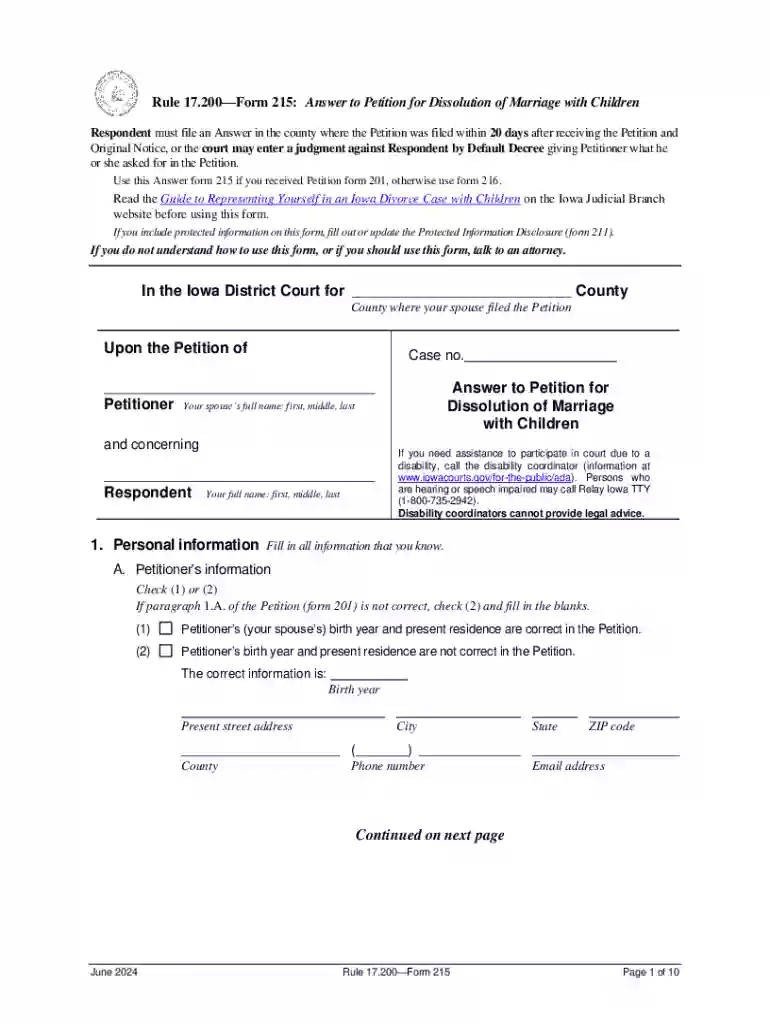 Answer to Petition for Dissolution of Marriage with Children Preview on Page 1
