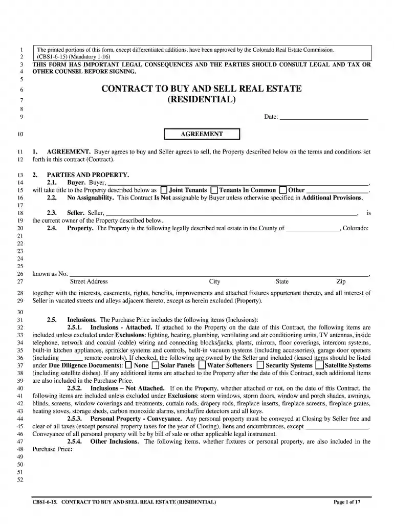 Colorado Residential Purchase Agreement - Colorado Real Estate Preview on Page 1