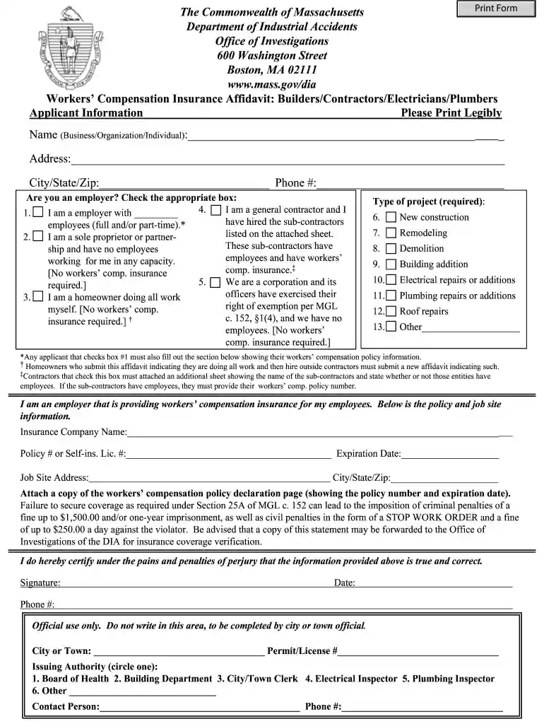 massachusetts workers compensation affidavit Preview on Page 1