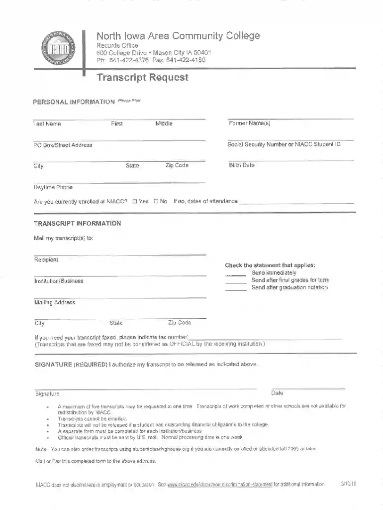 Completing the Transcript Request Form - North Iowa Area Preview on Page 1