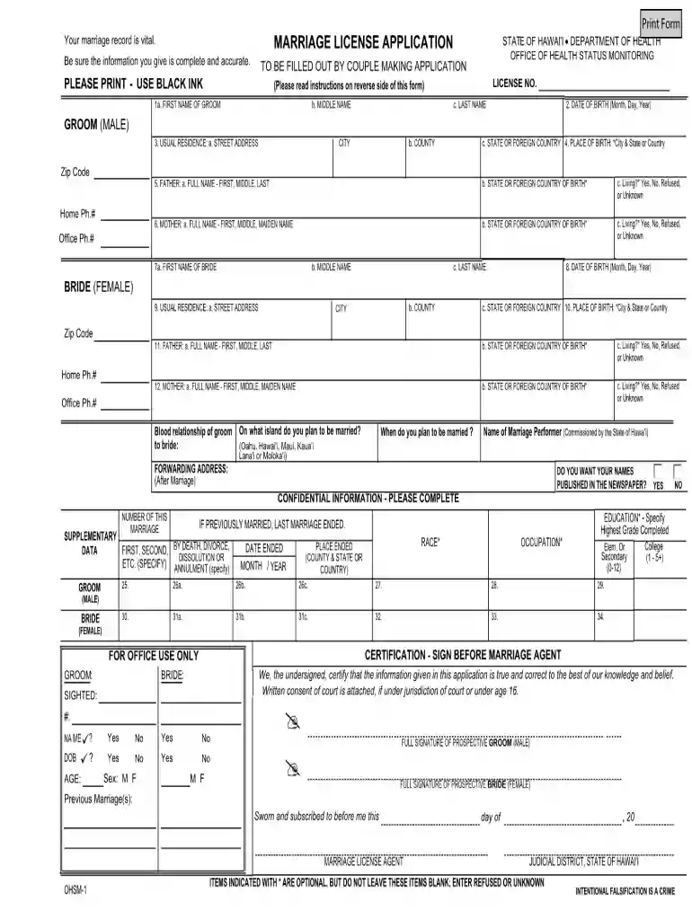 hawaii marriage license application Preview on Page 1