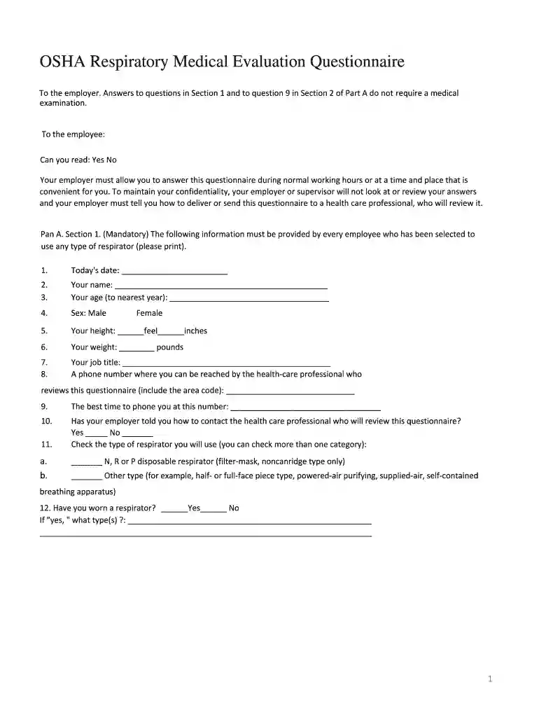 medical respiratory evaluation questionnaire Preview on Page 1