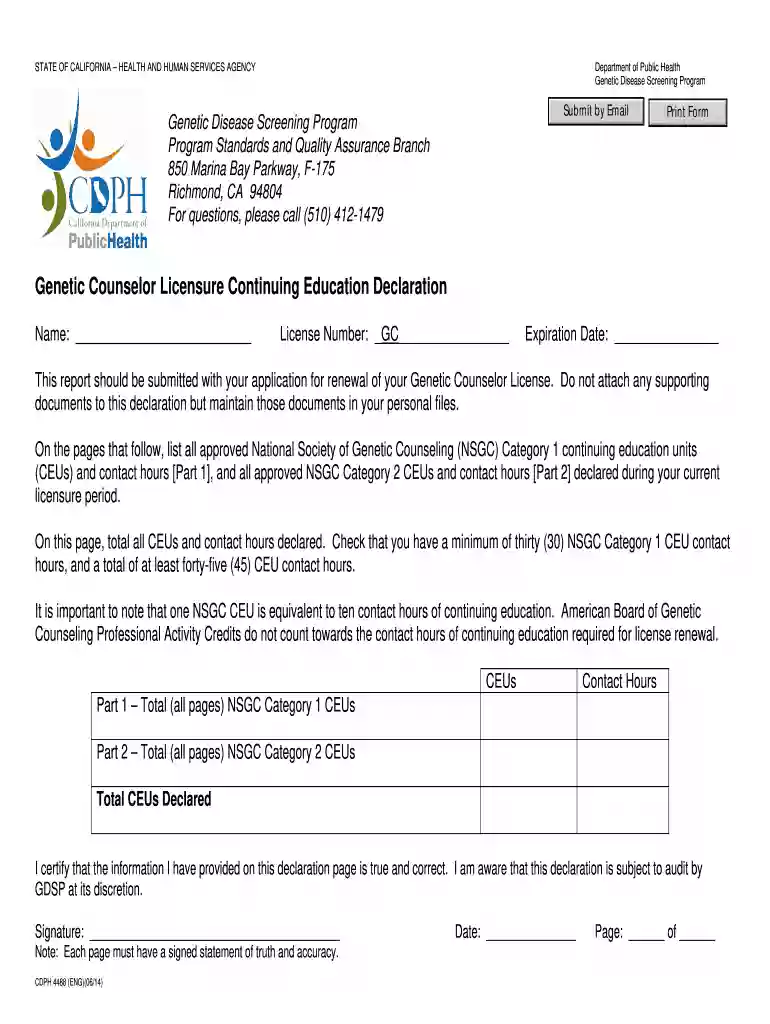Genetic Counselor Licensure Continuing Education Declaration. CDPH 4488 - cdph ca Preview on Page 1