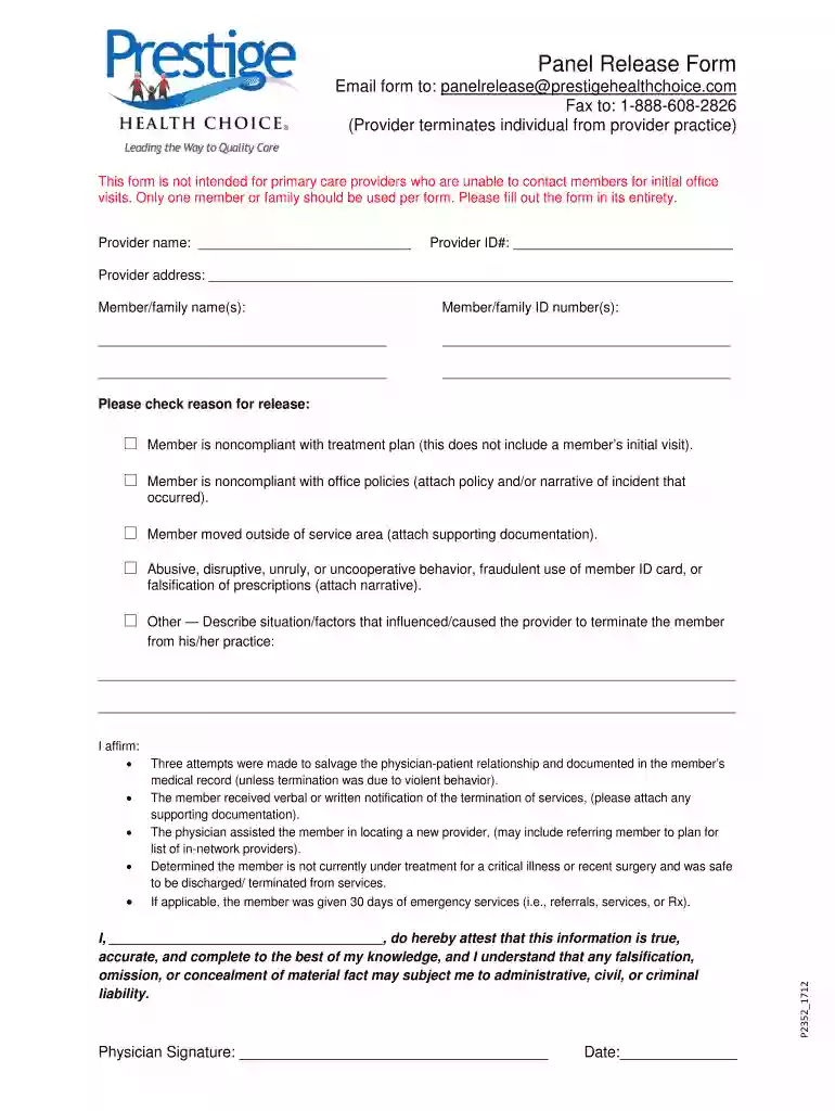 Panel Release Form - Providers - Prestige Health Choice Panel Release Form Preview on Page 1