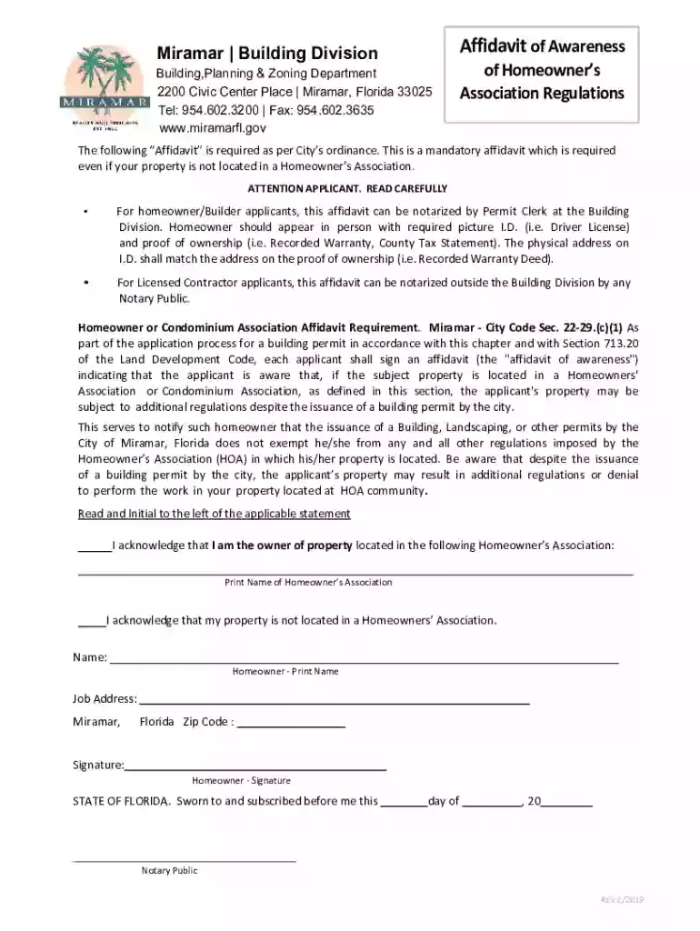 Affidavit of Awareness of Homeowner's Association Regulation Preview on Page 1