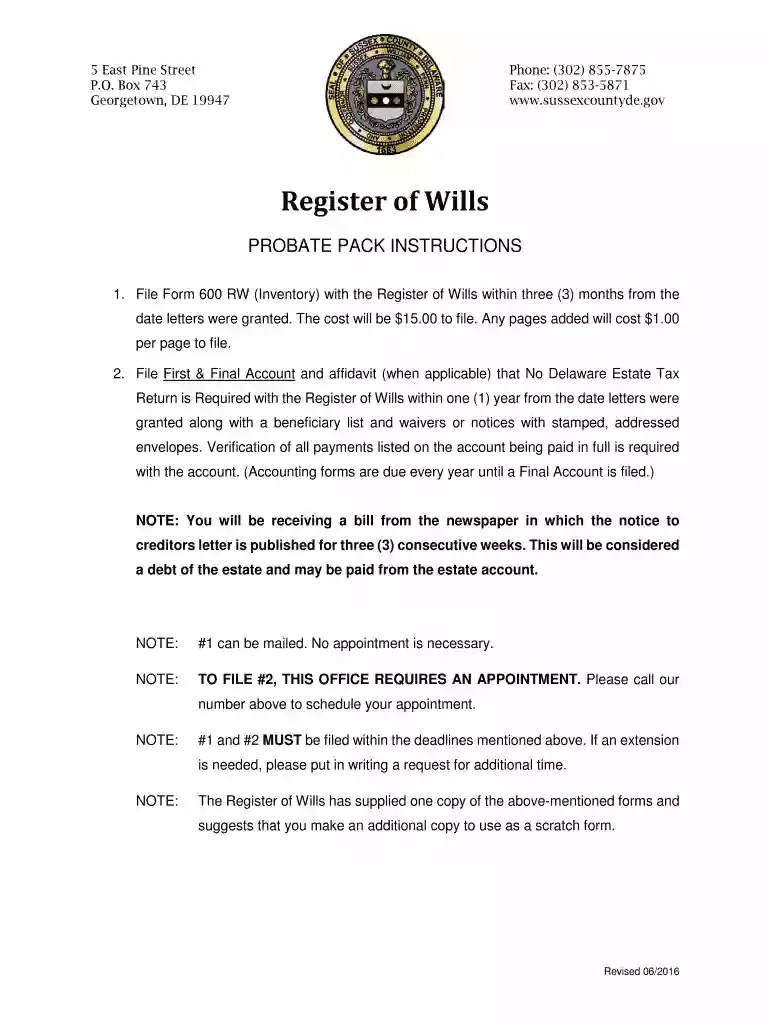 register of wills sussex county delaware forms Preview on Page 1