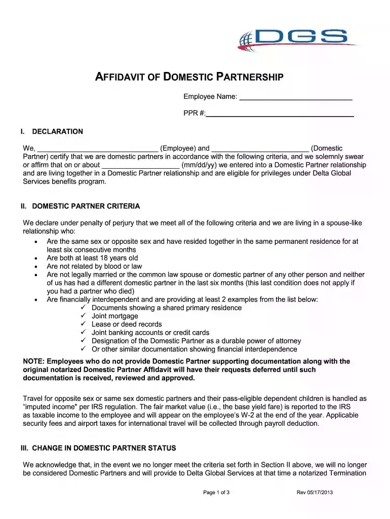 domestic partner affidavit Preview on Page 1