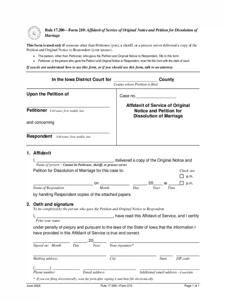 17 210 Affidavit of Service of Original Notice and Petition for Dissolution of Marriage Preview on Page 1