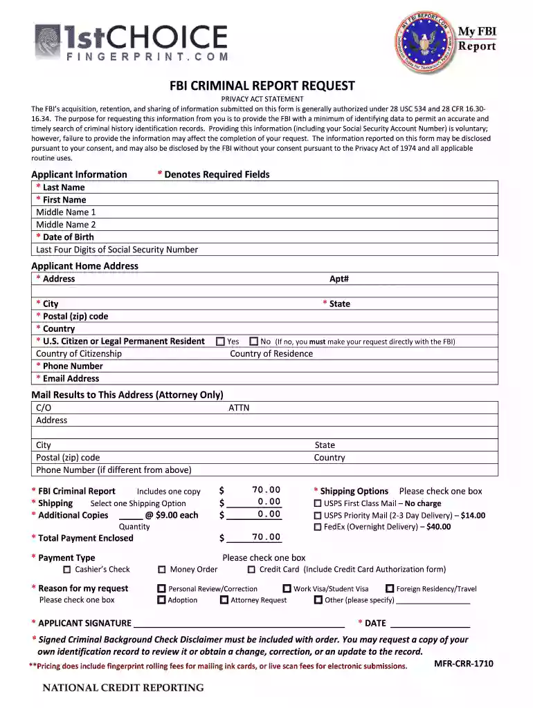 FBI CRIMINAL REPORT REQUEST - 1stchoicefingerprint Preview on Page 1