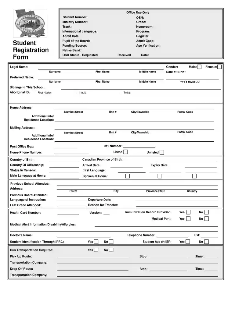 school registration form Preview on Page 1