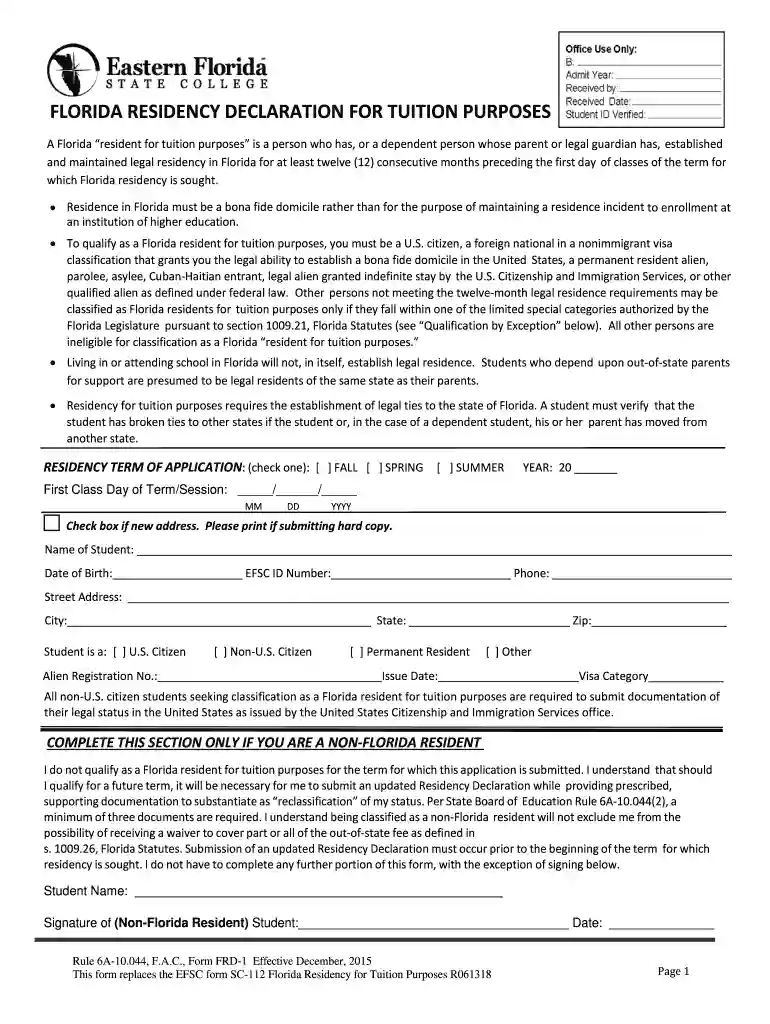 florida residency declaration for tuition purposes - Eastern Preview on Page 1