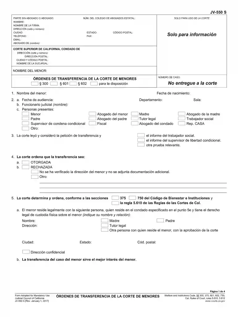 JV-550 S Juvenile Court Transfer Orders (Spanish) Judicial Council forms Preview on Page 1